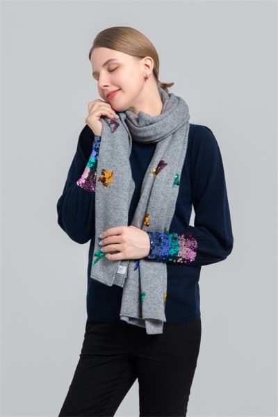 Long scarf with hand-stitched sequin stars